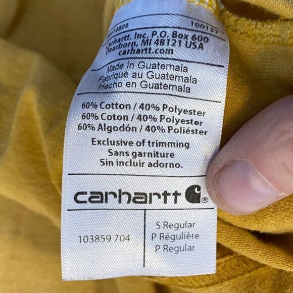 Carhartt Mens Long-Sleeve Logo Pocket Tee Small Mustard Yellow Sleeve Spell Out - Picture 5 of 13